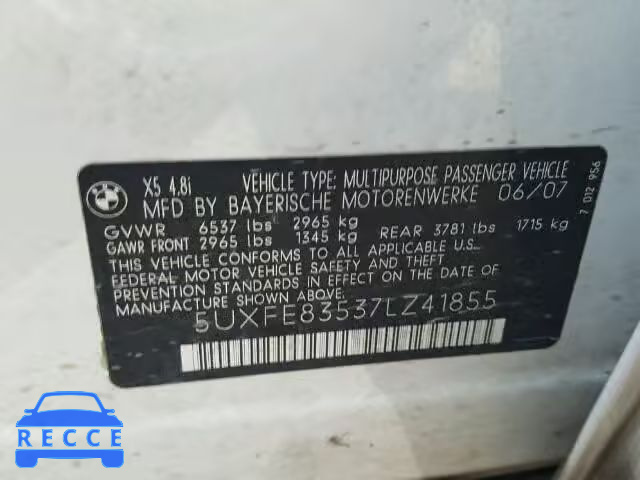 2007 BMW X5 5UXFE83537LZ41855 image 9