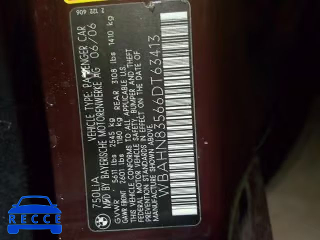 2006 BMW 750 WBAHN83566DT63413 image 9