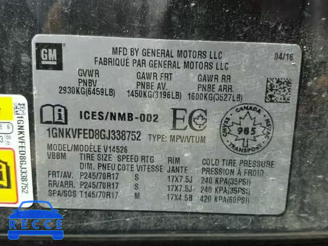 2016 CHEVROLET TRAVERSE 1GNKVFED8GJ338752 image 9