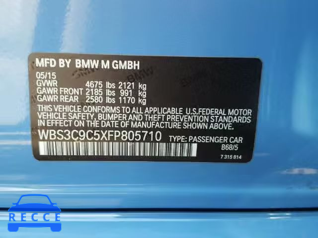 2015 BMW M3 WBS3C9C5XFP805710 зображення 9