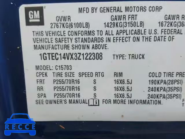 2003 GMC NEW SIERRA 1GTEC14VX3Z122308 image 9