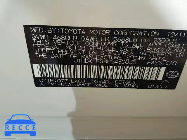 2012 LEXUS ES JTHBK1EG8C2480035 image 9