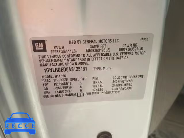 2010 CHEVROLET TRAVERSE 1GNLRGED0AS135161 Bild 9