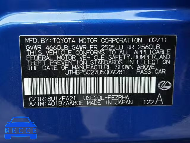 2011 LEXUS IS JTHBP5C27B5009281 image 9