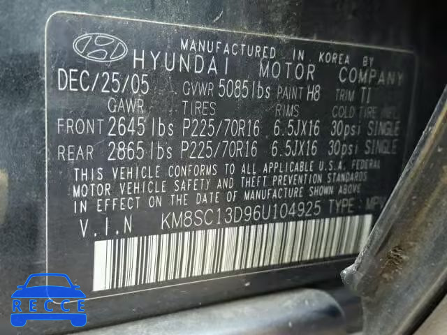 2006 HYUNDAI SANTA FE KM8SC13D96U104925 image 9