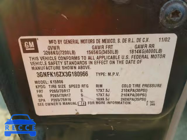 2003 CHEVROLET SUBURBAN 3GNFK16ZX3G180966 Bild 9