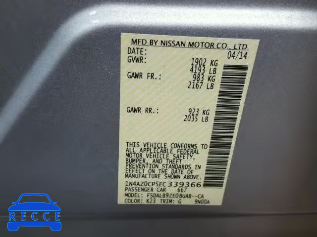 2014 NISSAN LEAF 1N4AZ0CP5EC339366 зображення 9