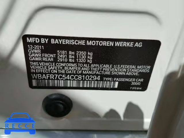2012 BMW 535 WBAFR7C54CC810294 зображення 9