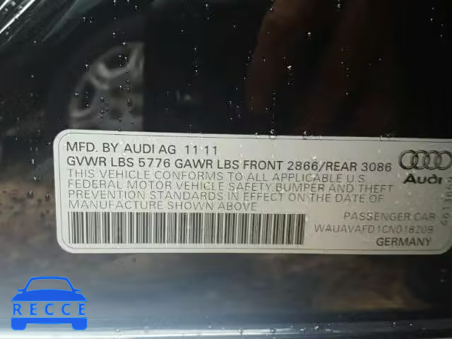 2012 AUDI A8 QUATTRO WAUAVAFD1CN018209 image 9