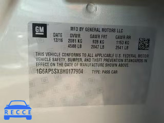 2017 CADILLAC CTS 1G6AP5SX8H0177904 зображення 9