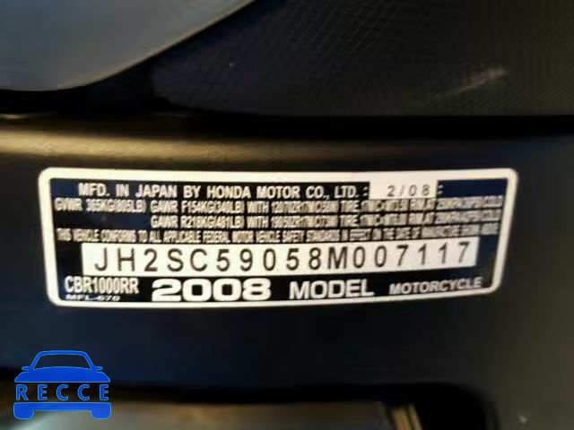 2008 HONDA CBR1000 JH2SC59058M007117 image 9