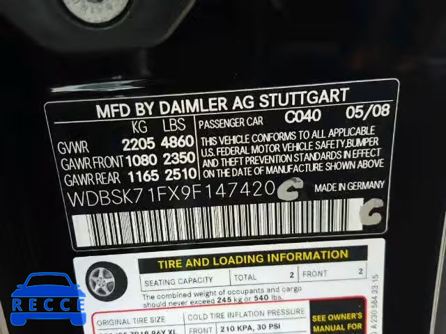 2009 MERCEDES-BENZ SL WDBSK71FX9F147420 image 9