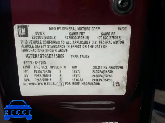 2003 GMC NEW SIERRA 1GTEK19T93E315809 image 9