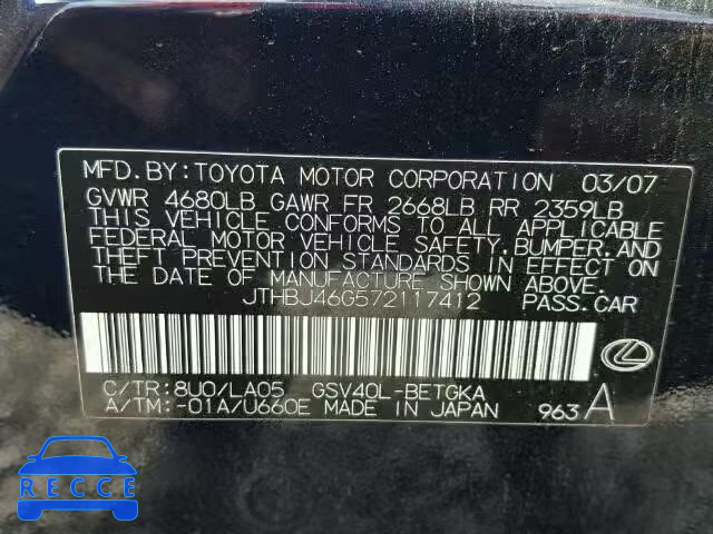 2007 LEXUS ES350 JTHBJ46G572117412 image 9