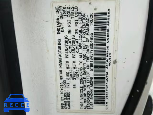 2000 TOYOTA TUNDRA 5TBRT3417YS004955 image 9