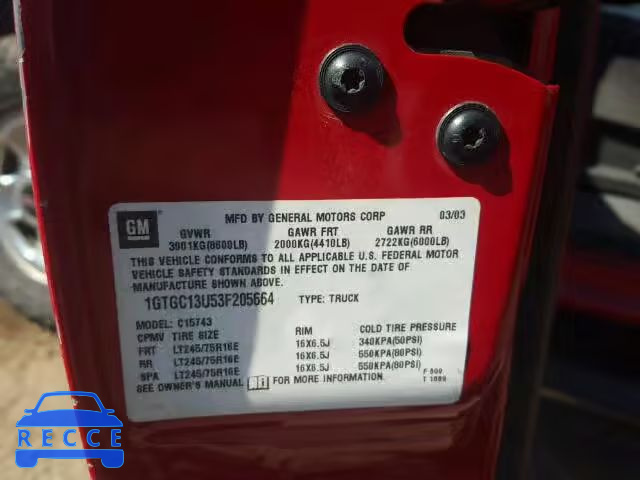 2003 GMC SIERRA 1GTGC13U53F205664 image 9