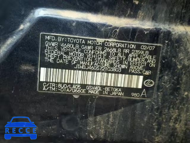 2007 LEXUS ES350 JTHBJ46G572103803 image 9