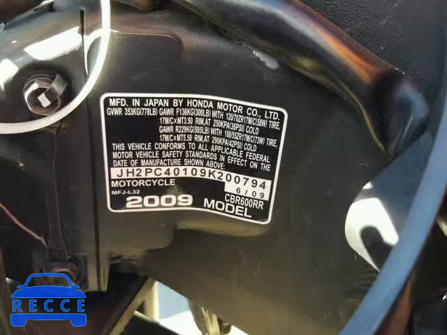 2009 HONDA CBR600 JH2PC40109K200794 image 9