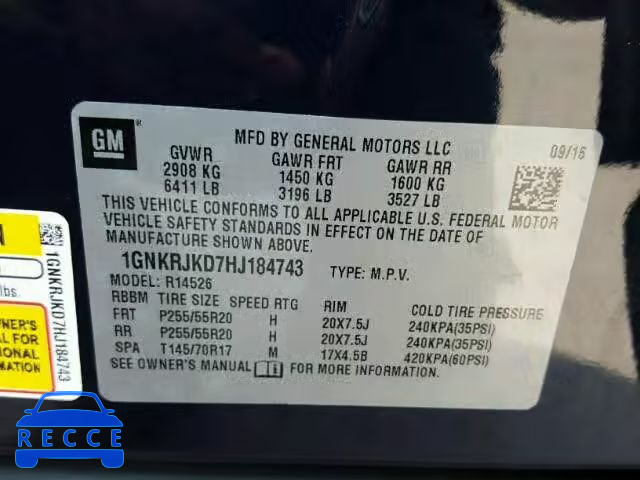 2017 CHEVROLET TRAVERSE 1GNKRJKD7HJ184743 Bild 9