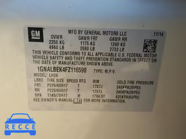 2015 CHEVROLET EQUINOX 1GNALBEK4FZ116590 image 9