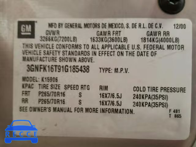 2001 CHEVROLET SUBURBAN 3GNFK16T91G185438 image 9