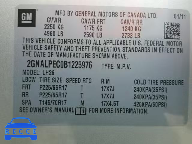 2011 CHEVROLET EQUINOX 2GNALPEC0B1225976 image 9