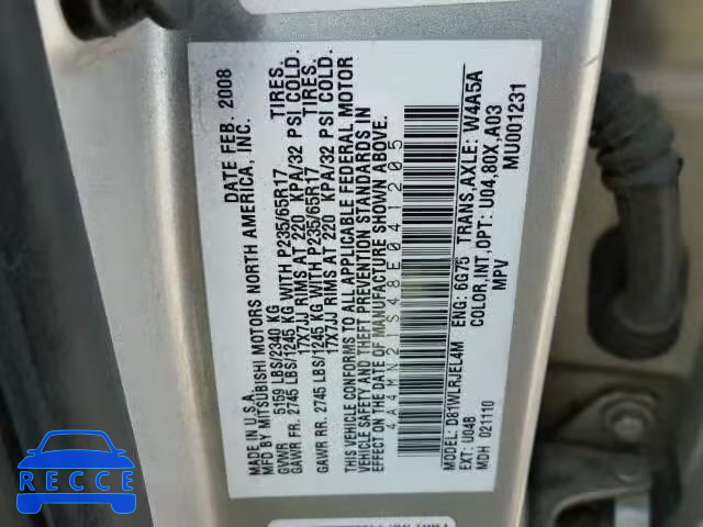 2008 MITSUBISHI ENDEAVOR L 4A4MN21S48E041205 зображення 9