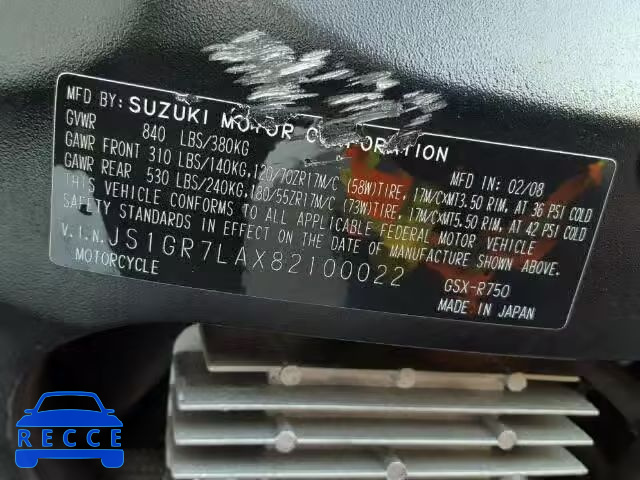 2008 SUZUKI GSX-R750 JS1GR7LAX82100022 image 9