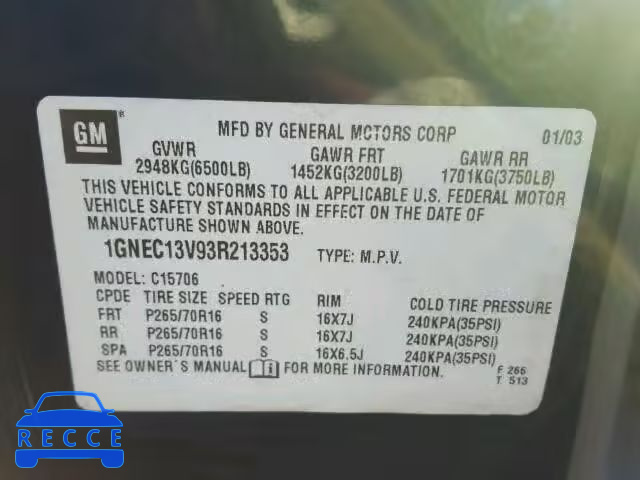 2003 CHEVROLET TAHOE 1GNEC13V93R213353 image 9