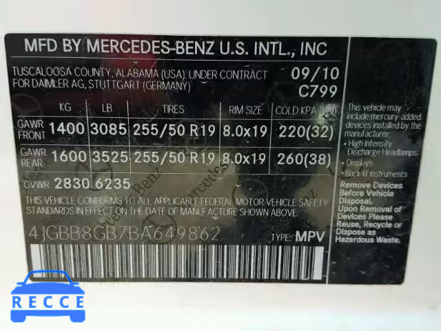 2011 MERCEDES-BENZ ML 4JGBB8GB7BA649862 image 9