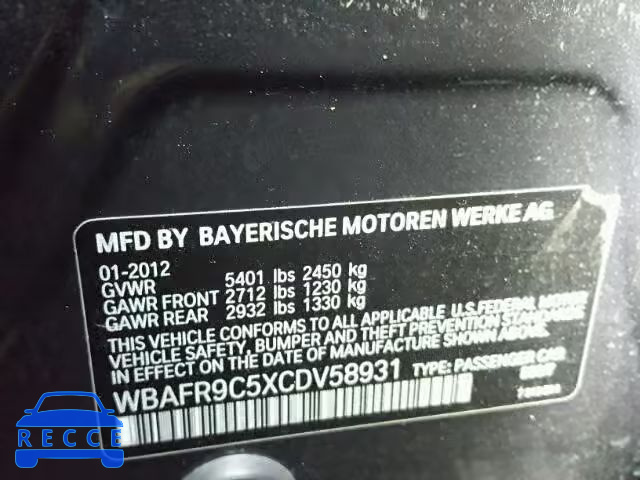 2012 BMW 550 WBAFR9C5XCDV58931 image 9