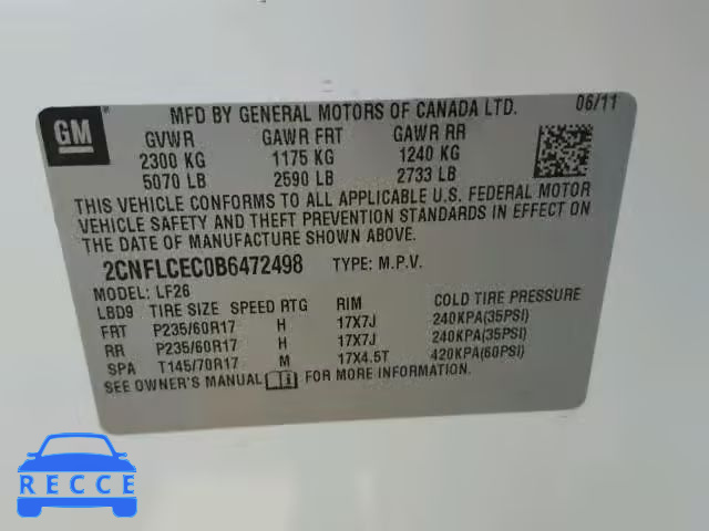 2011 CHEVROLET EQUINOX 2CNFLCEC0B6472498 image 9