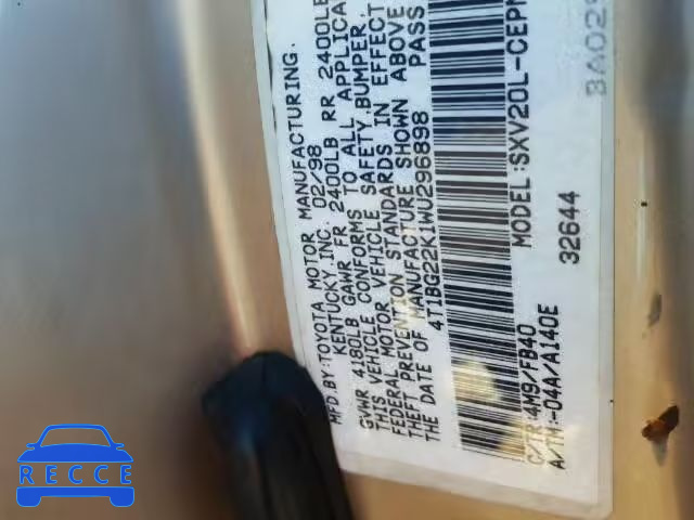 1998 TOYOTA CAMRY 4T1BG22K1WU296898 image 9