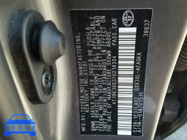 2007 TOYOTA AVALON 4T1BK36B37U218204 image 9