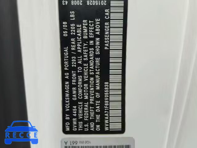 2008 VOLKSWAGEN EOS WVWAA71F68V055838 зображення 9