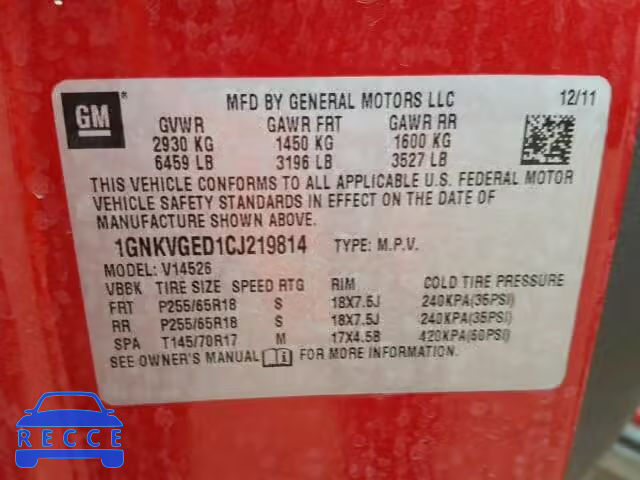 2012 CHEVROLET TRAVERSE 1GNKVGED1CJ219814 image 9