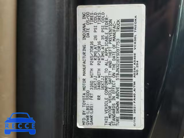 2000 TOYOTA TUNDRA 5TBJN3216YS097753 image 9