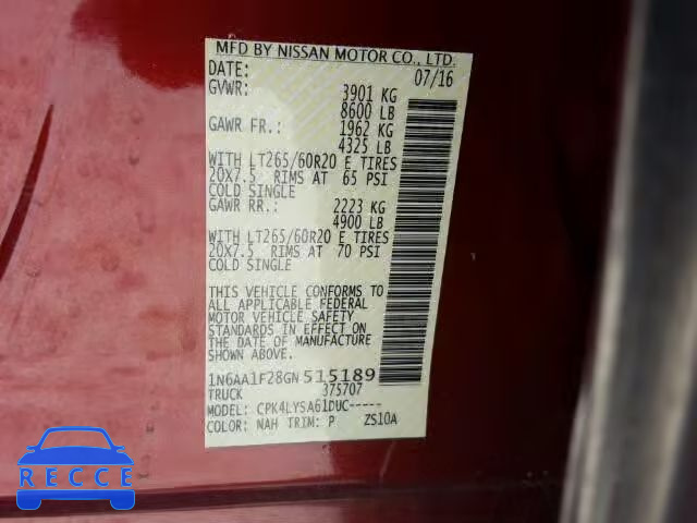 2016 NISSAN TITAN SV 1N6AA1F28GN515189 Bild 9