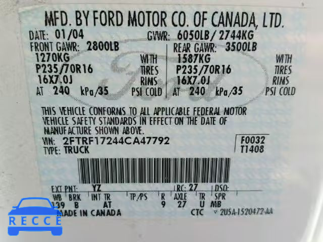 2004 FORD F-150 HERI 2FTRF17244CA47792 Bild 9