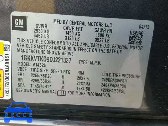 2013 GMC ACADIA 1GKKVTKD9DJ221337 зображення 9