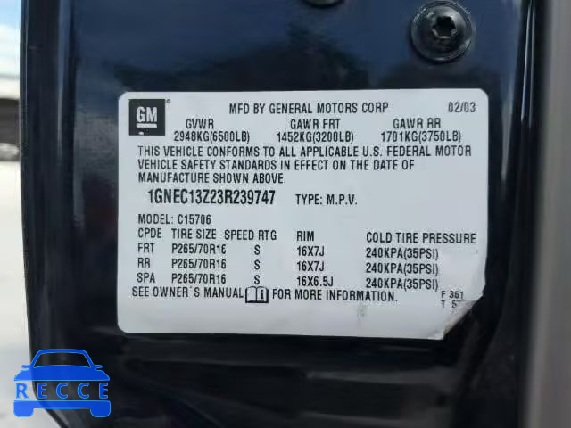 2003 CHEVROLET TAHOE 1GNEC13Z23R239747 зображення 9