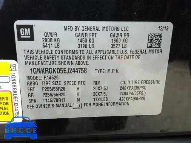 2014 CHEVROLET TRAVERSE 1GNKRGKD5EJ244758 зображення 9