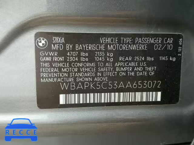 2010 BMW 328 WBAPK5C53AA653072 зображення 9