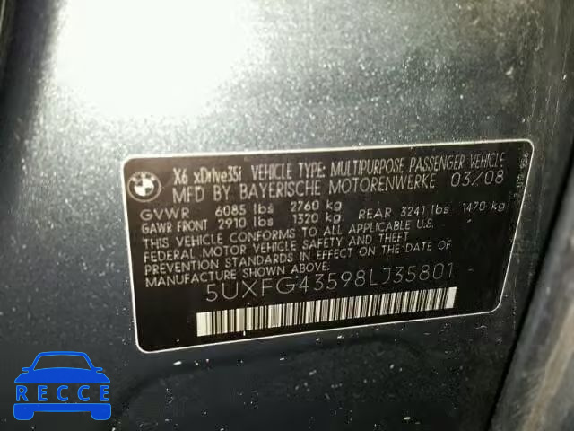 2008 BMW X6 5UXFG43598LJ35801 image 9