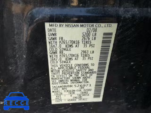 2008 NISSAN XTERRA 5N1AN08U98C526971 Bild 9