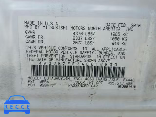 2010 MITSUBISHI GALANT 4A32B2FF3AE016009 image 9