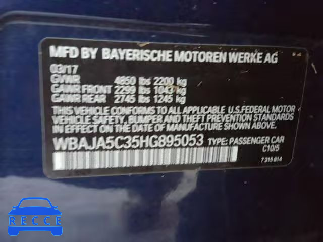 2017 BMW 530 WBAJA5C35HG895053 зображення 9