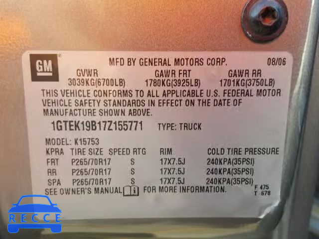2007 GMC NEW SIERRA 1GTEK19B17Z155771 Bild 9