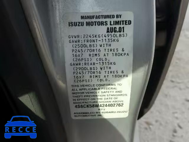 2002 HONDA PASSPORT 4S6CK58W424402762 image 9