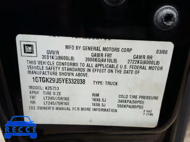 2000 GMC NEW SIERRA 1GTGK29U5YE332038 image 9